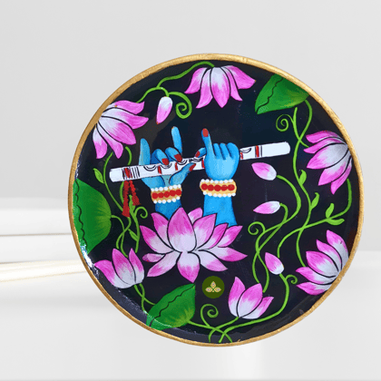 Hand Painted Wooden Flute in Krishna Hand Pichwai Art Multi Color Wall Plate With Resin Layer