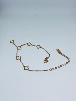 Elegant Gold-Toned Clover Charm Bracelet with White Inlay