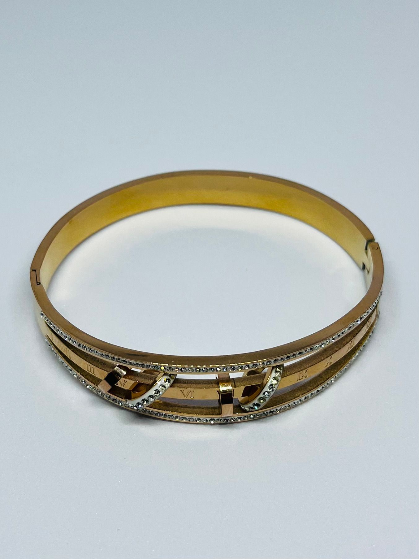 Elegant Gold Plated Crystal & Roman Numeral Bangle Bracelet for Women