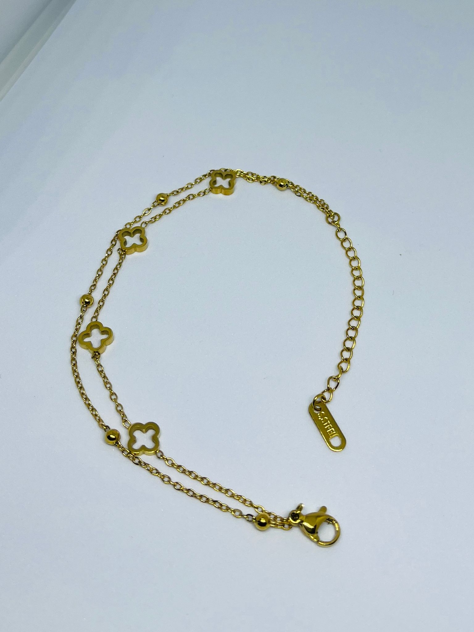 Gold Plated Clover Charm Double Layered Bracelet for Women