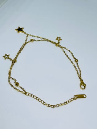 Elegant Gold Plated Layered Star Charm Anklet with Beaded Chain