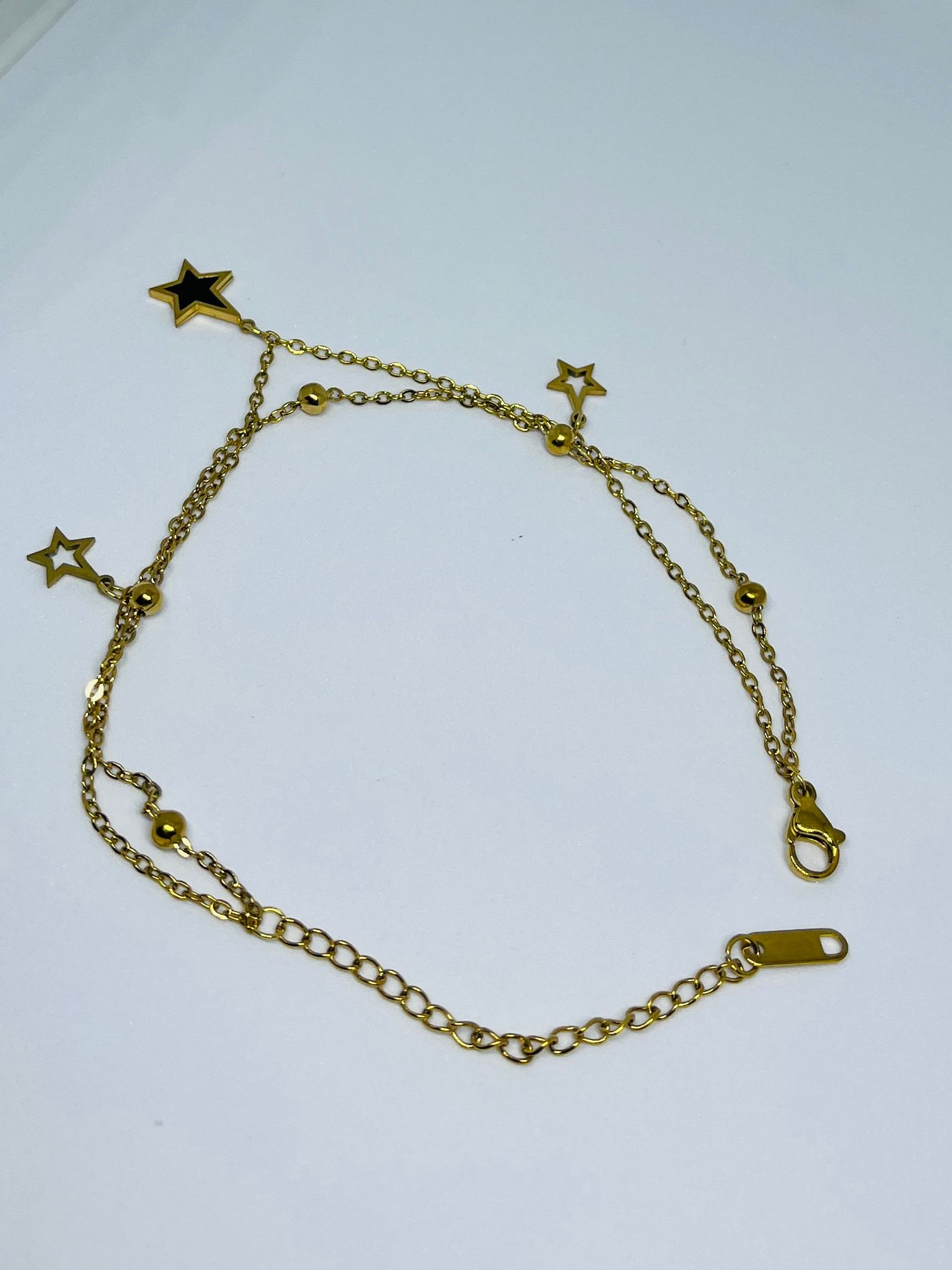 Elegant Gold Plated Layered Star Charm Anklet with Beaded Chain