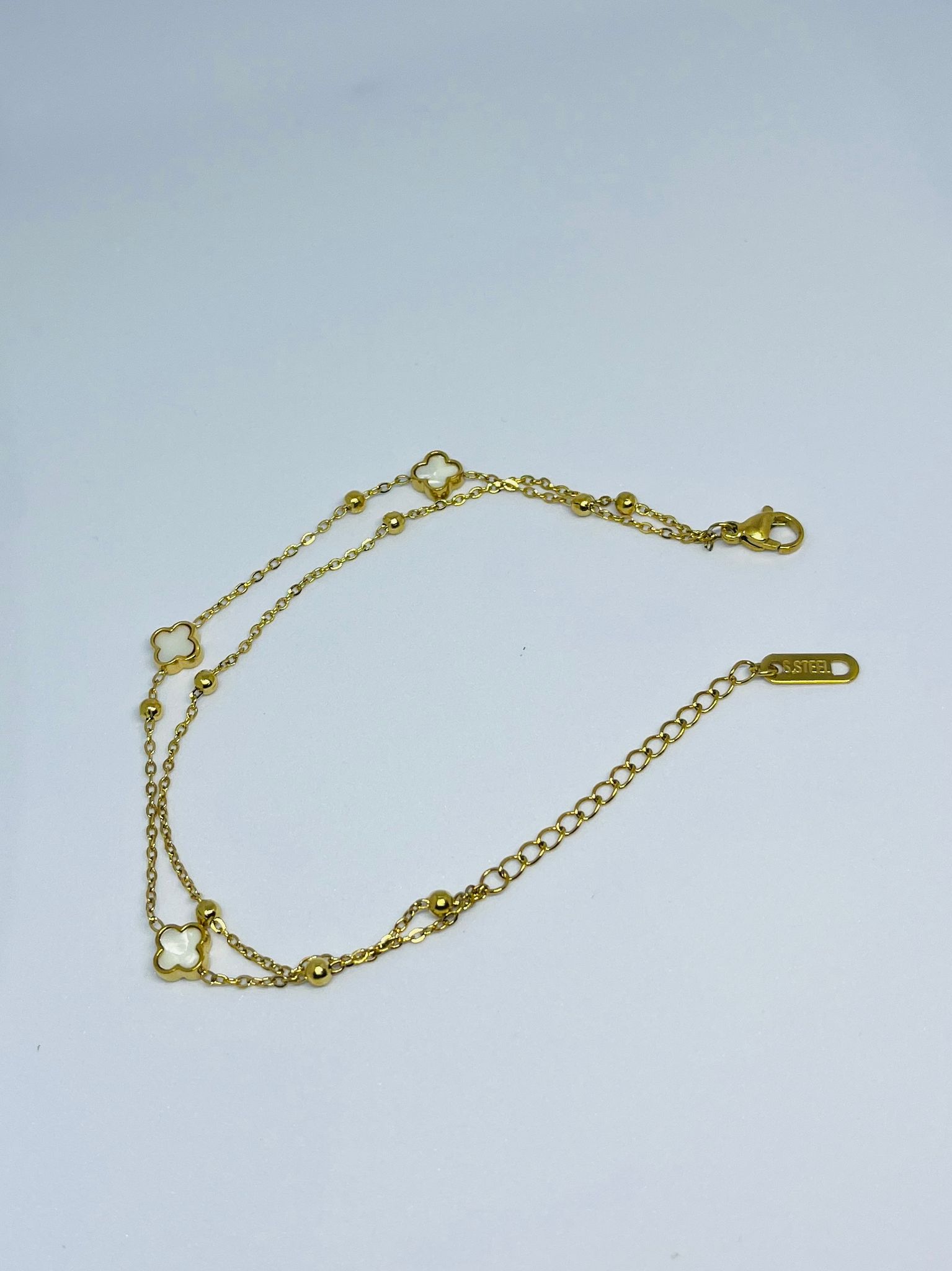 Gold Clover & Bead Stainless Steel Double Chain Bracelet