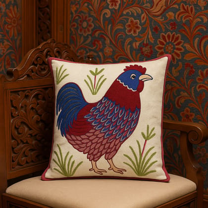 Beige Rooster Embroidered Cushion Cover