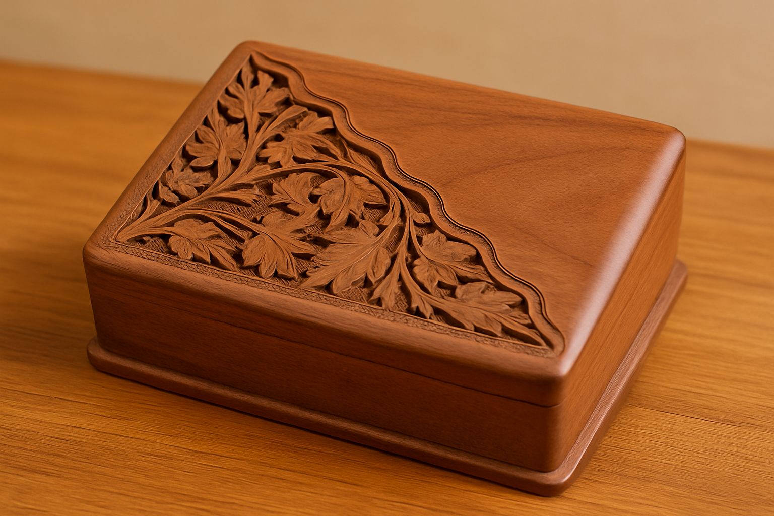 Exquisite Hand-Carved Wooden Decorative Storage Box with Floral Motif