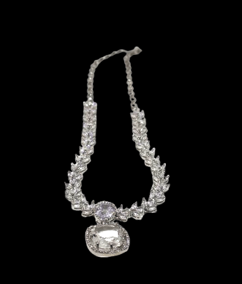 Elegant Silver Plated AD Stone Necklace Earrings Maang Tikka Set for Women