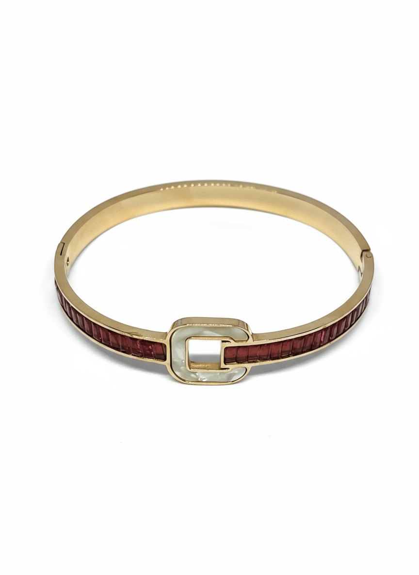 Elegant Gold-Toned Bangle with Red Accents & G-Clasp for Women