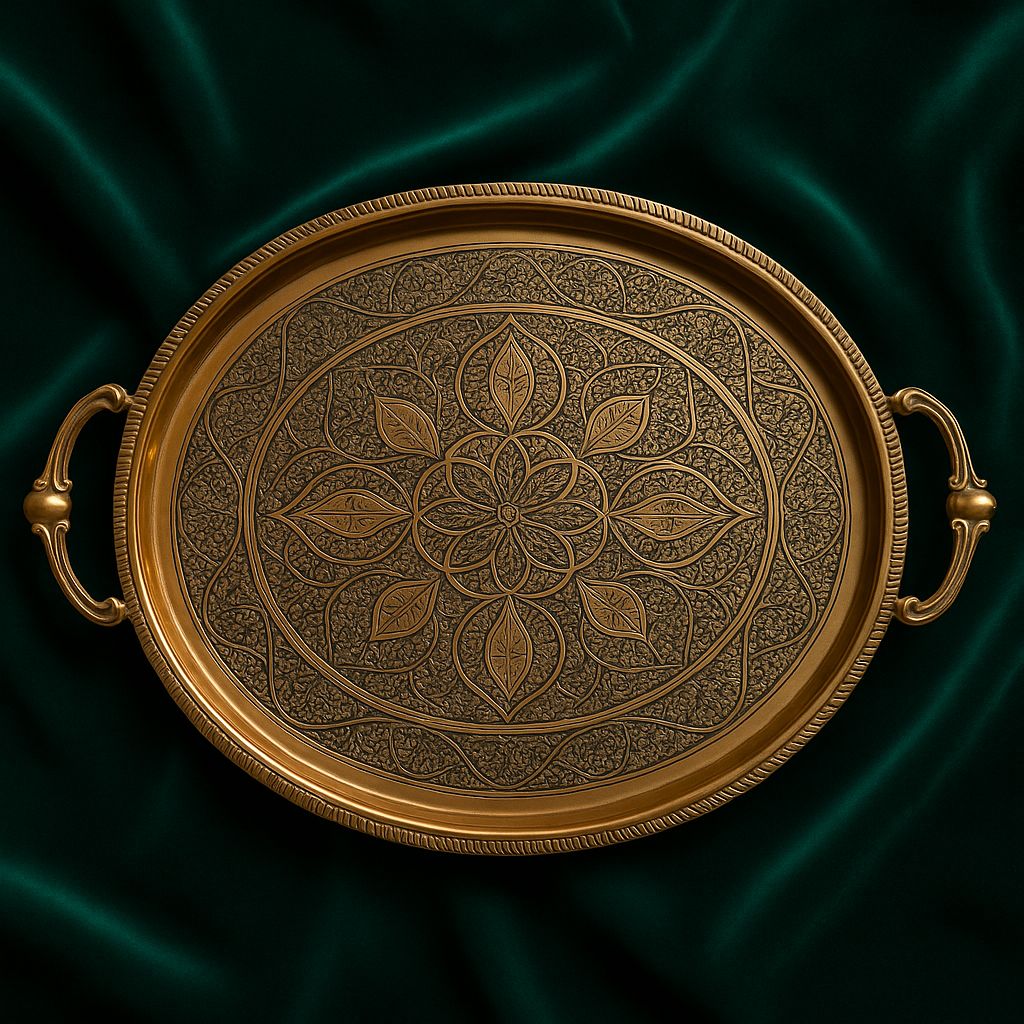 Antique Bronze Oval Serving Tray with Ornate Floral Engraving