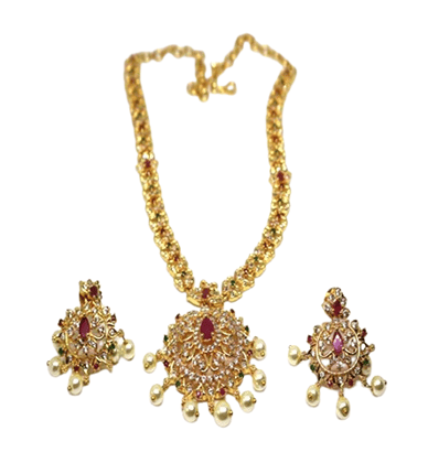 Traditional Gold Plated Ruby & Pearl Necklace Earring Set