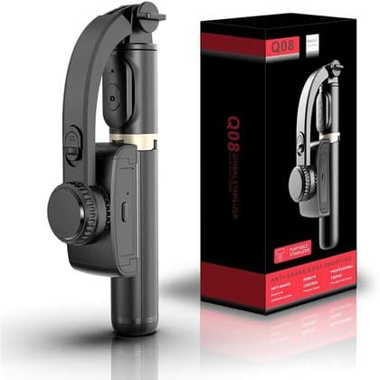 Q08 Mini Gimbal Anti-Shake 1-Axis STABILIZER Extendable Selfie Stick Tripod, Wireless Remote for Smartphone, (Black)