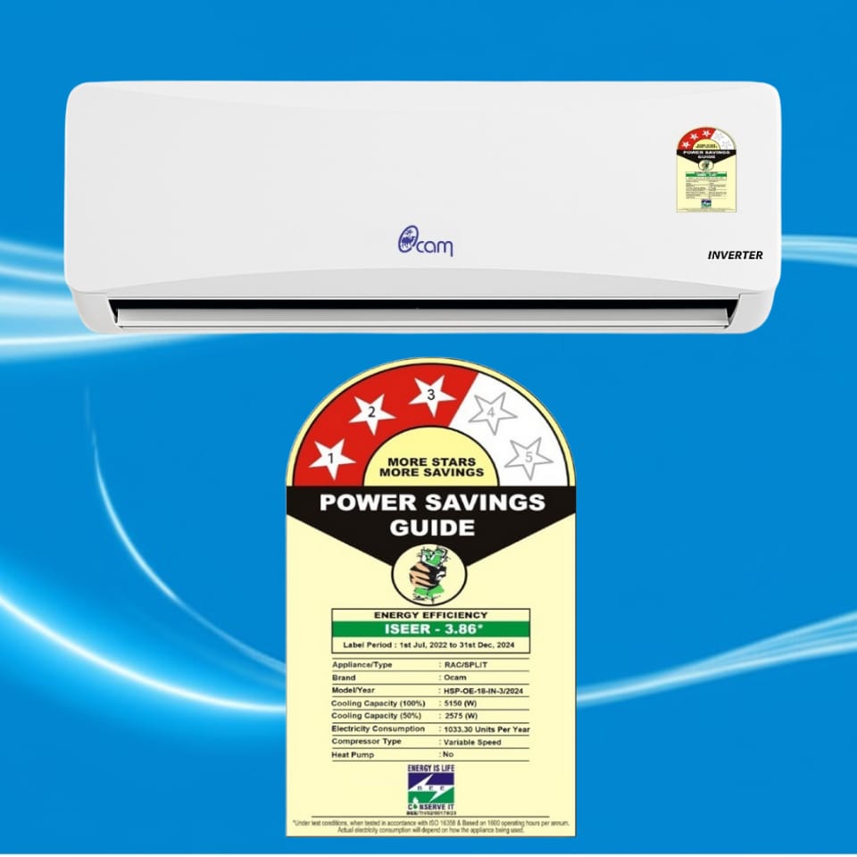 Ocam 1.5 Ton 3 Star Inverter Split AC – Copper, 5150 Watts