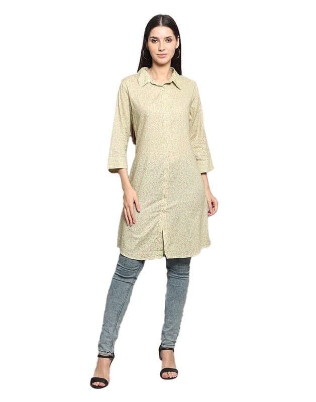 Women's Casual 3/4 Sleeve Cotton Blend Printed Kurti (Green, L)-PID46403