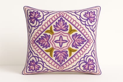Intricate Purple Embroidered Floral Geometric Beige Cushion Cover Intricate Purple Embroidered Floral Geometric Beige Cushion Cover