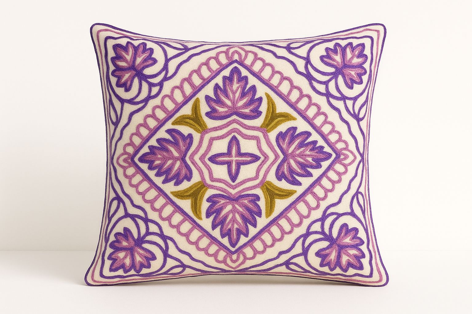 Intricate Purple Embroidered Floral Geometric Beige Cushion Cover