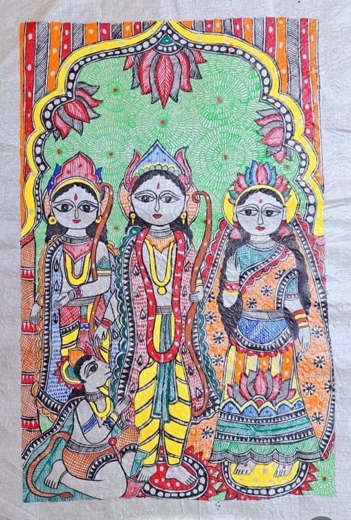 Authentic Madhubani Painting of Lord Rama Darbar - Handmade Mithila Art Decor, Without Frame