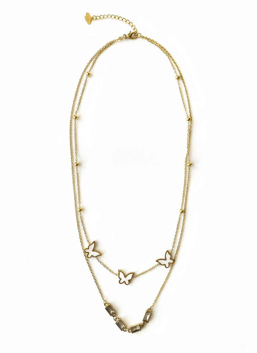 Women's Gold-Plated Layered Butterfly & Crystal Pendant Necklace