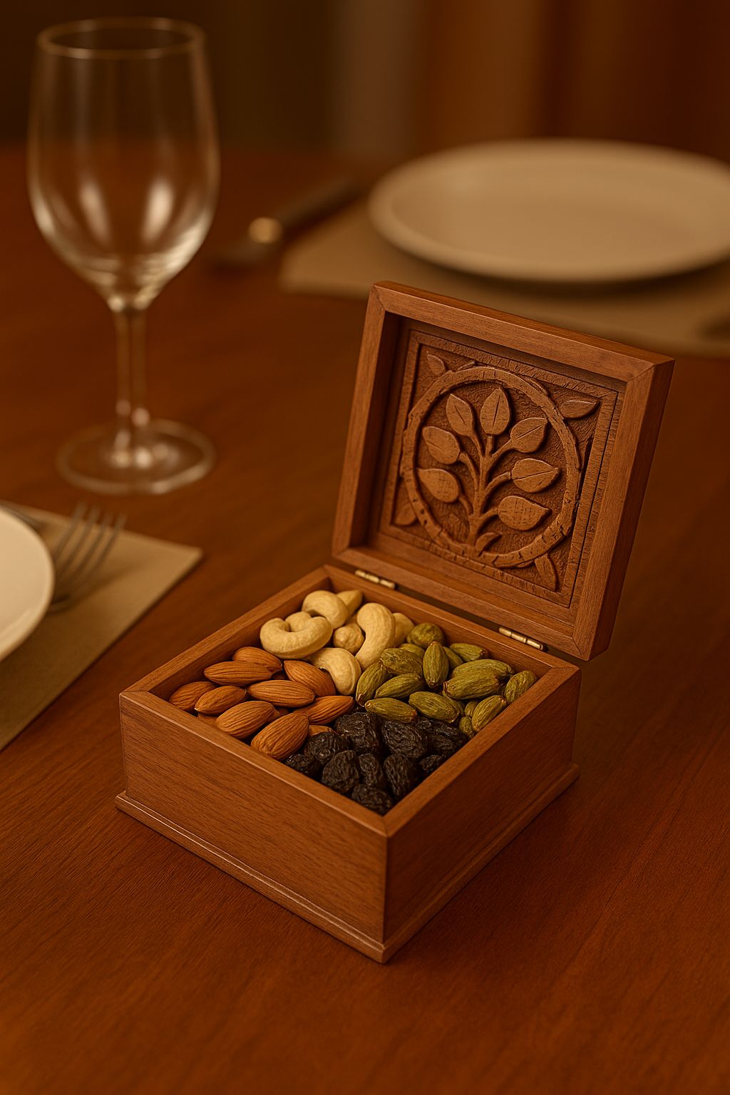 Hand-Carved Wooden Dry Fruit Box with Lid - Decorative Nut & Snack Server