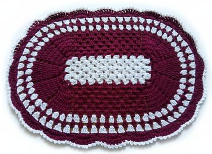 Elegant Hand-Crocheted Maroon and White Oval Table Mat