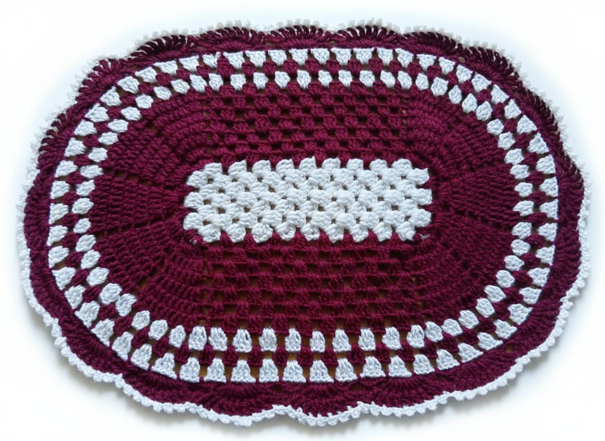 Elegant Hand-Crocheted Maroon and White Oval Table Mat