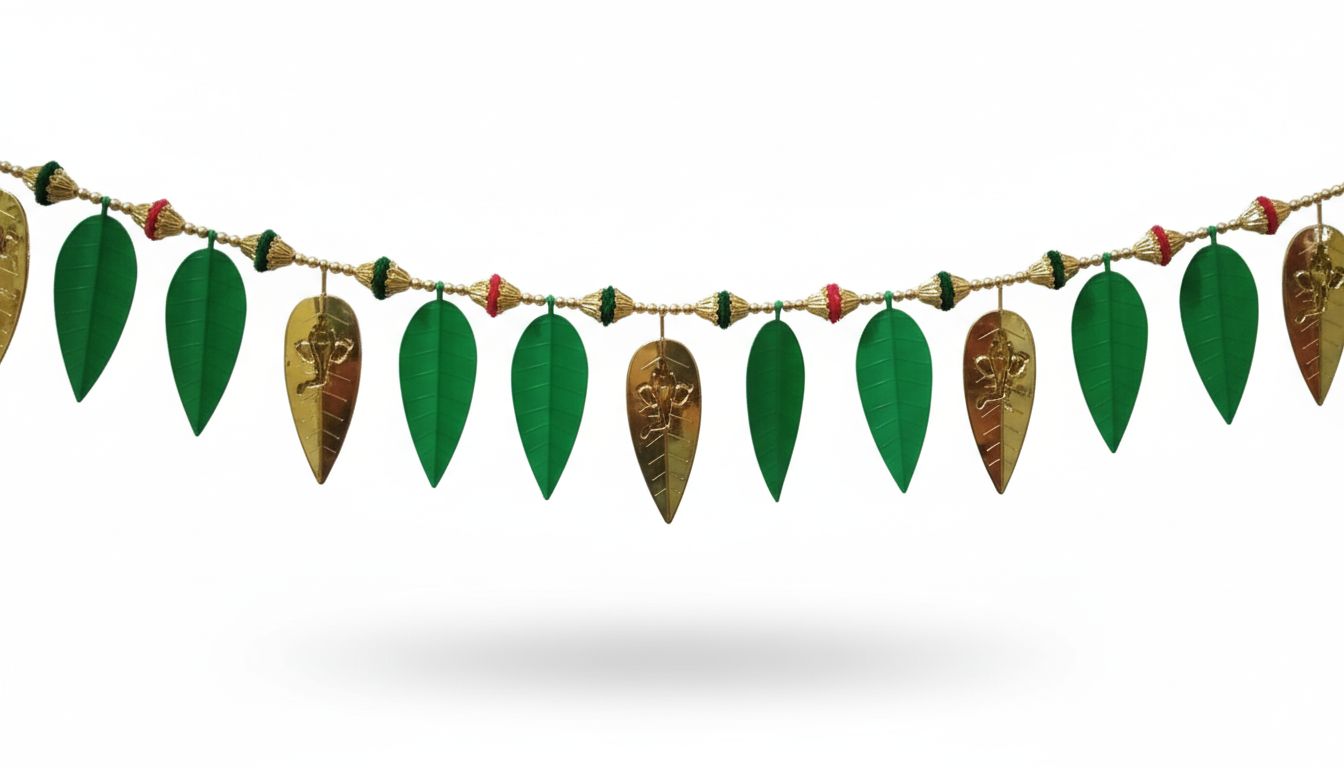 Traditional Gold & Green Artificial Mango Leaves Ganesha Toran Door Hanging