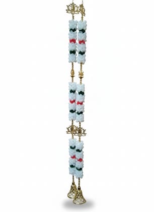 Artificial White Red Green Beaded Garland with Golden Lotus & Bells for Festival Decor Artificial White Red Green Beaded Garland with Golden Lotus & Bells for Festival Decor