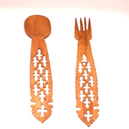 Hand-Carved Wooden Decorative Spoon and Fork Set