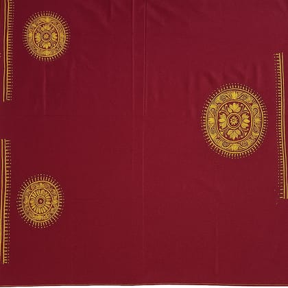 Hand Printed Maroon Poly Silk Fabric with Golden Zari Motifs