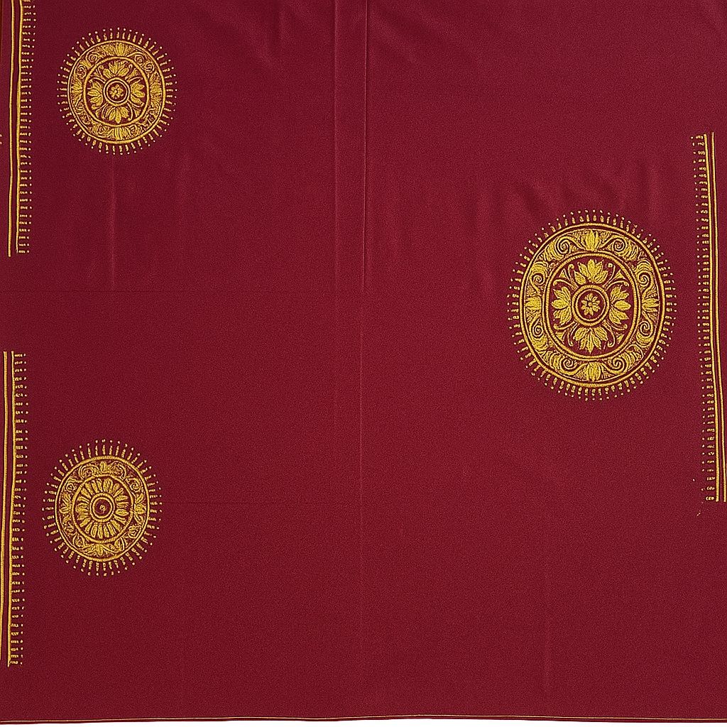 Hand Printed Maroon Poly Silk Fabric with Golden Zari Motifs
