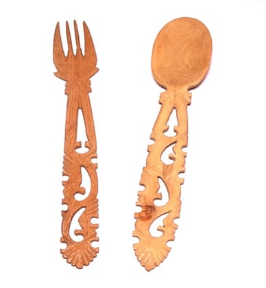 Handcrafted Wooden Carved Serving Fork & Spoon Set - Decorative Kitchen Utensils