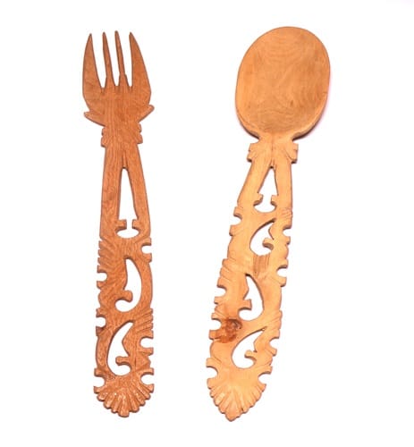Handcrafted Wooden Carved Serving Fork & Spoon Set - Decorative Kitchen Utensils