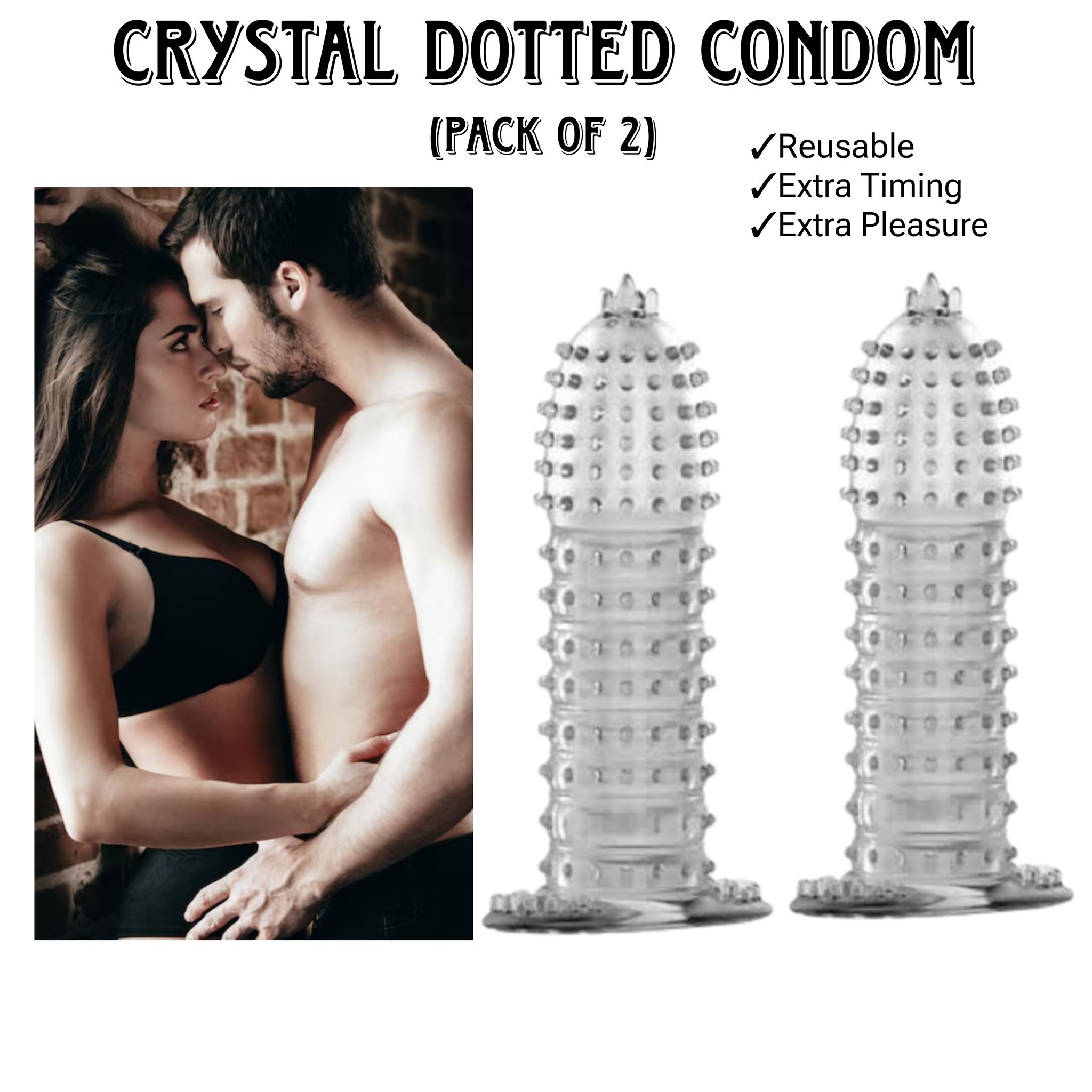 Crystal Dotted Spike Condom Reusable Enhance Pleasure with Textured Stimulation Multi Color (Pack of 2)