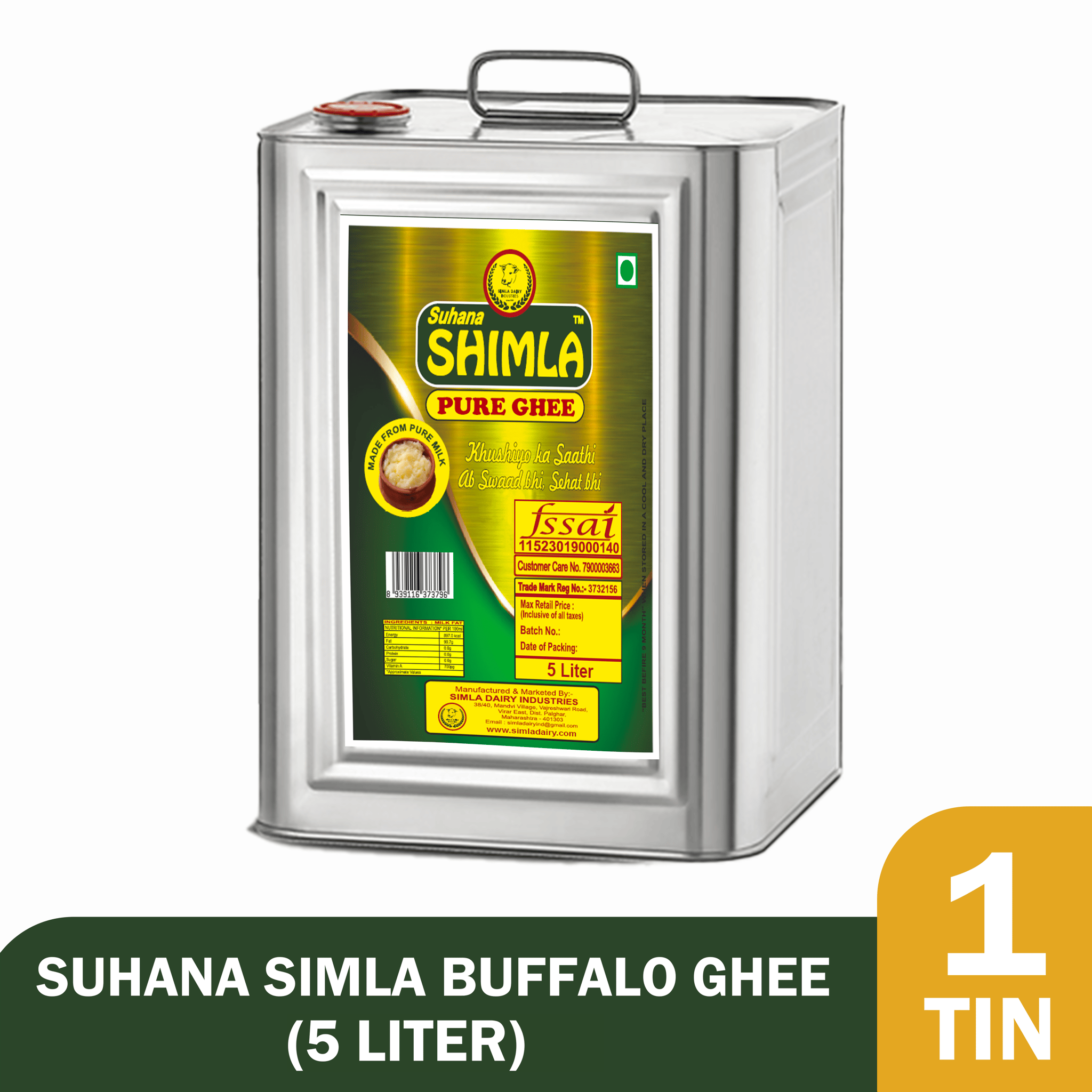 Suhana Simla Buffalo Ghee - Pure Milk 5 Liter Tin