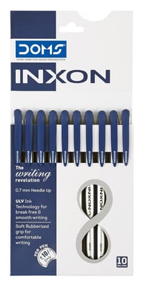 DOMS INXON 0.7mm Needle Tip Blue Ball Pens with Rubberized Grip (Pack of 10)