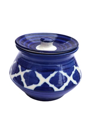 Handcrafted Blue Pottery Ceramic Storage Jar with Lid, Decorative Kitchen Pot