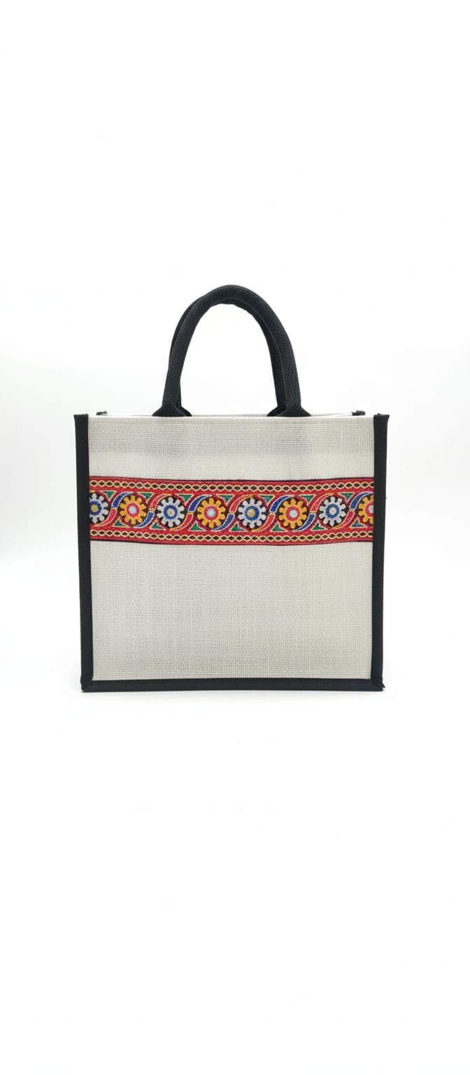 Eco-Friendly Black Jute Tote Bag with Multicolored Design & Black Handles
