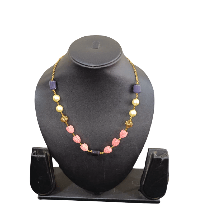 Elegant Multi-Bead Gold Tone Necklace with Pearls and Pink Beads