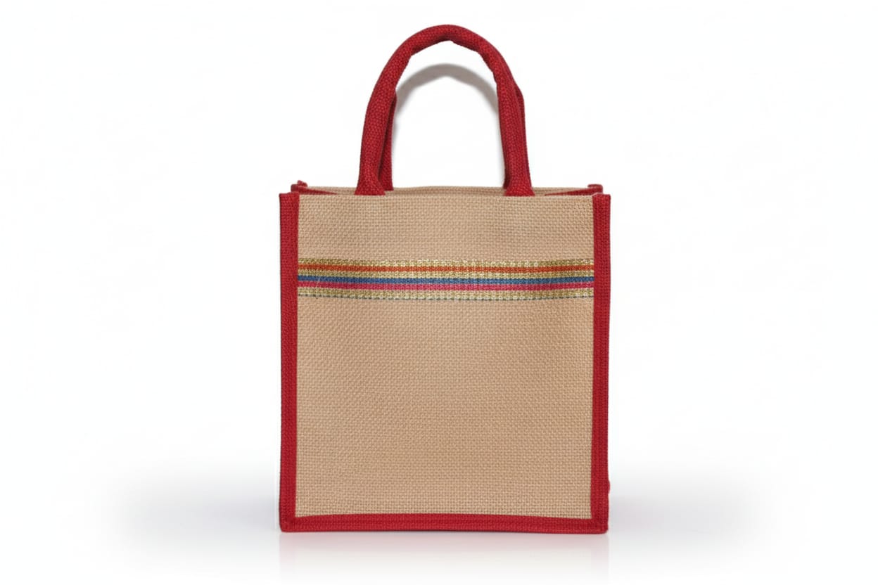 Stylish Red & Beige Jute Tote Bag with Striped Accents