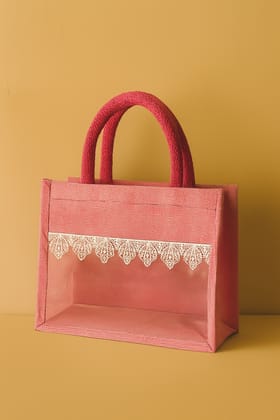 Dark Pink Jute & Net Tote Bag with Lace Detail