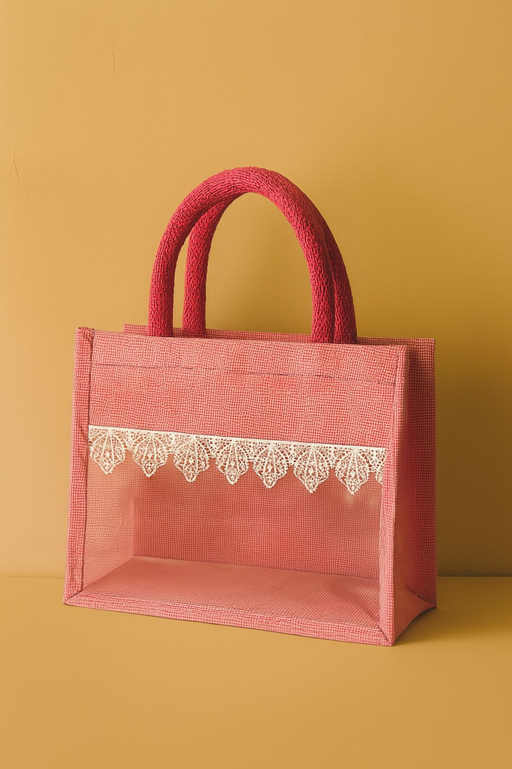 Dark Pink Jute & Net Tote Bag with Lace Detail