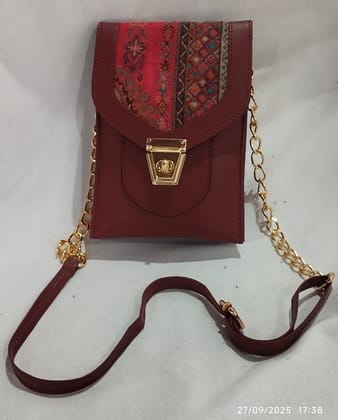 Maroon Faux Leather Mobile Pouch Sling Bag with Embroidered Flap & Gold Chain Maroon Faux Leather Mobile Pouch Sling Bag with Embroidered Flap & Gold Chain