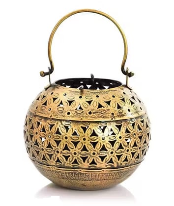 Globe Dhoop & Tea Light Candle Holder/Lantern Hanging Degchi/Dhuni with Stand Antique Gold Finish for Diwali Gifts | Home Decoration | Gifts | Home Decor