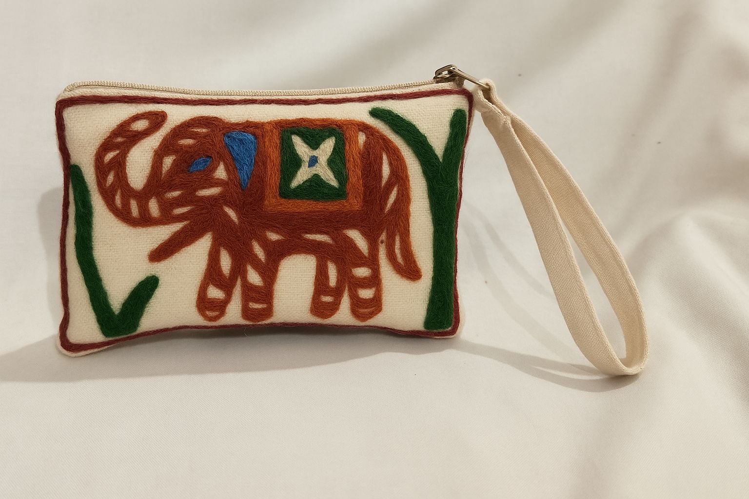 Embroidered Elephant Art Cream Pouch for Essentials