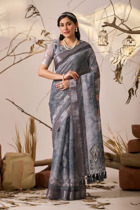 Women's Slate Grey Digital Print Poly Silk Saree with Tassels Women's Slate Grey Digital Print Poly Silk Saree with Tassels