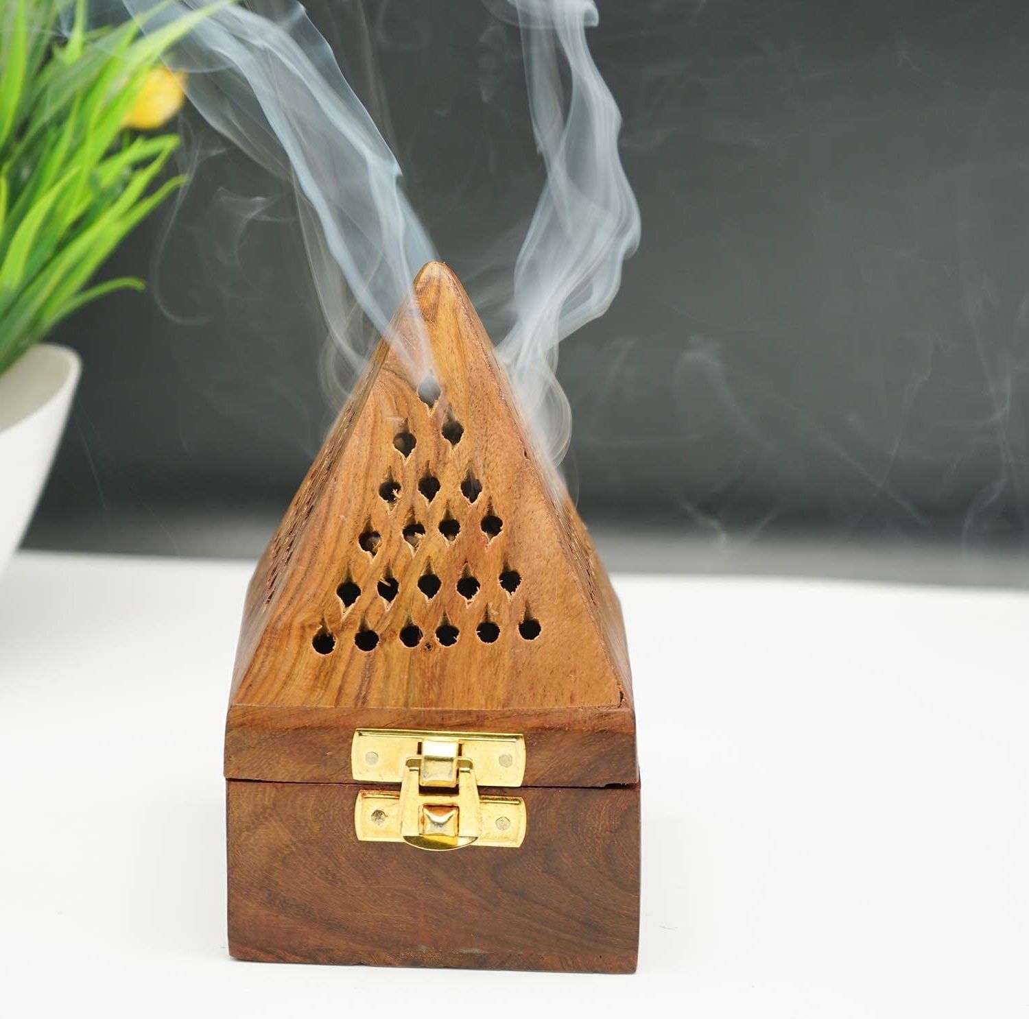 Handcrafted Wooden Pyramid Incense Burner with Metal Latch for Home Decor and Meditation