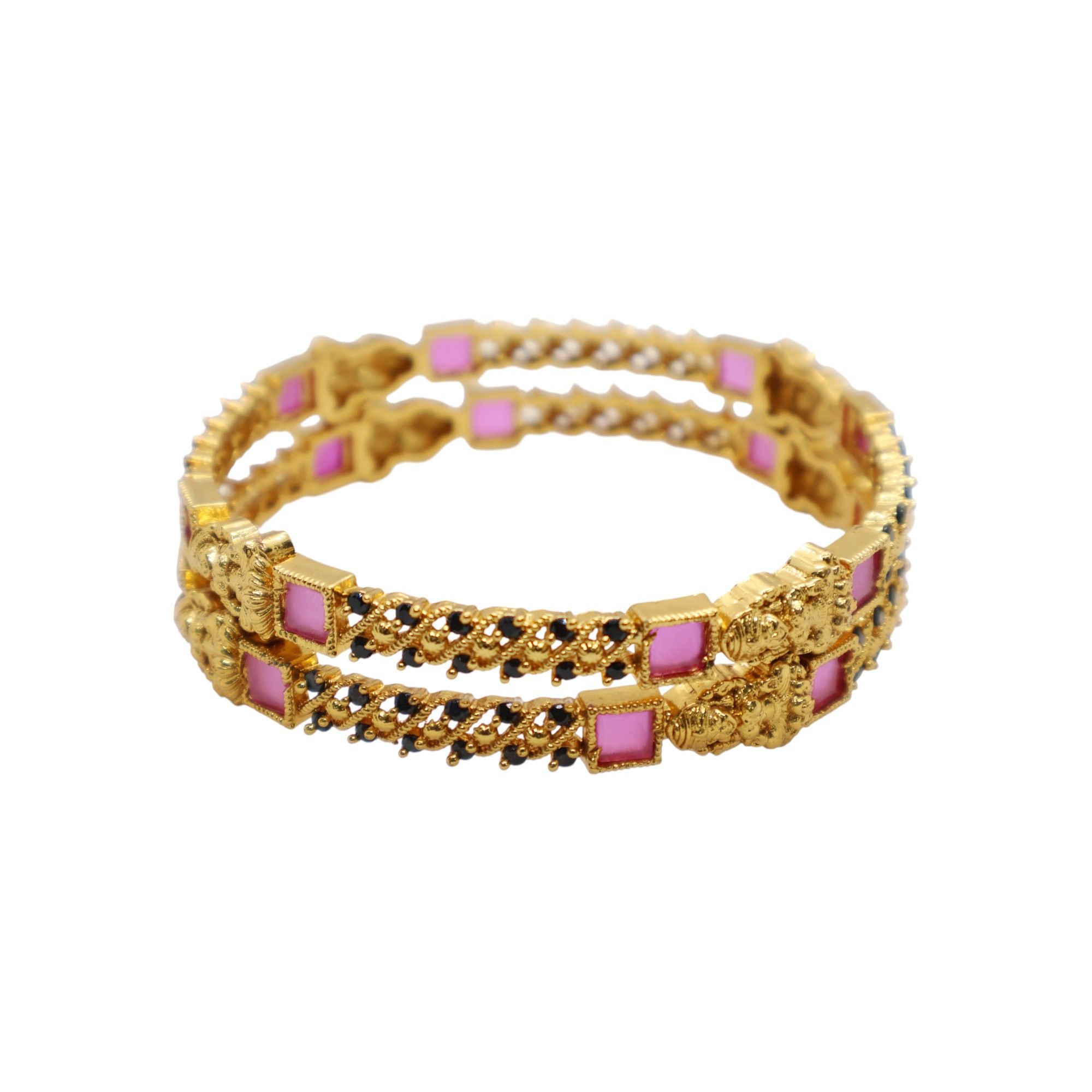 Antique Gold-Plated Designer Bangle with Pink & Black Stone Work