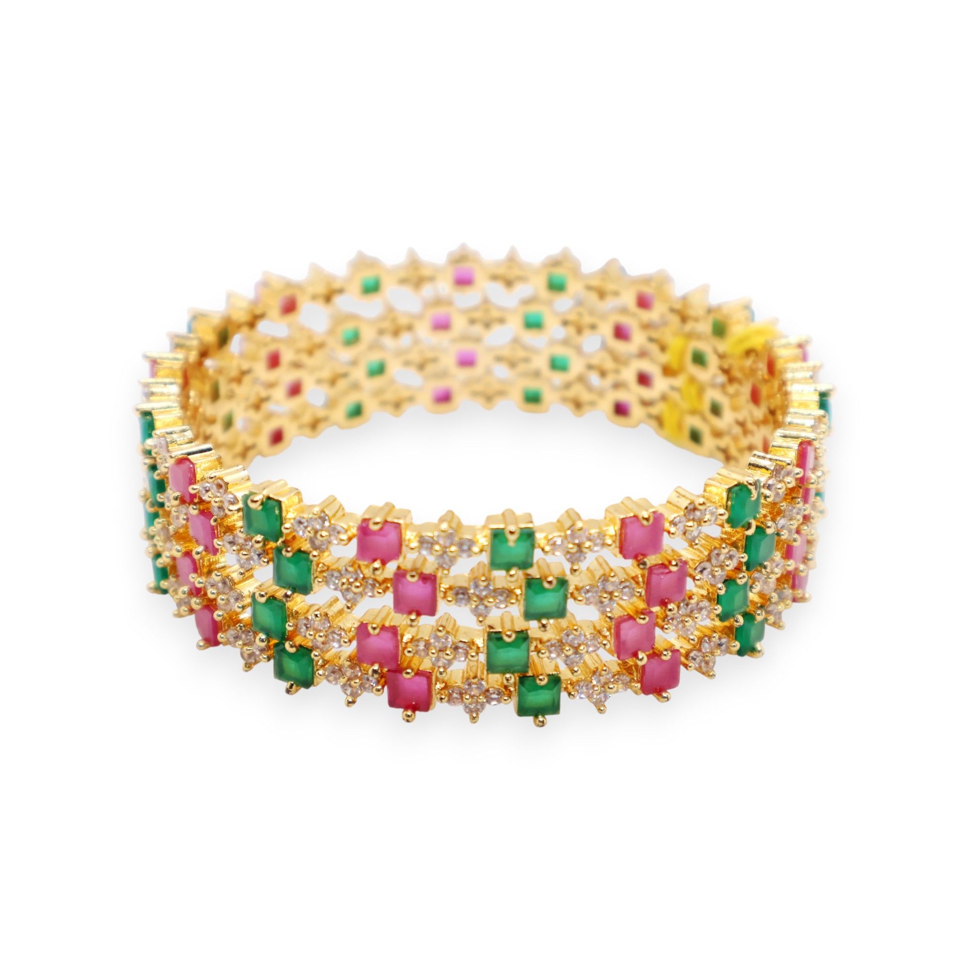 Traditional Gold-Plated Bangle with Pink & Black Stone Accents