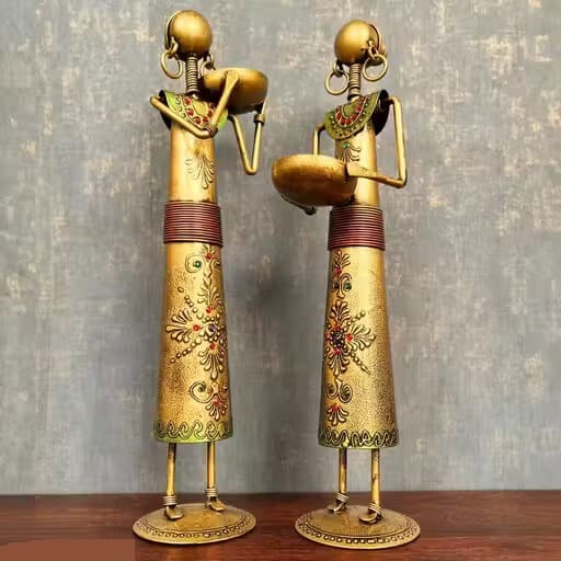 Metal Wrought Iron Tribal Lady showpieces Ladies Doll Figurine Statue Decorative Items | Show Pieces for Home Decor Stylish Living Room Tea Light Stand Golden
