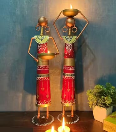 Metal Wrought Iron Tribal Lady showpieces Ladies Doll Figurine Statue Decorative Items | Show Pieces for Home Decor Stylish Living Room Tea Light Stand Golden