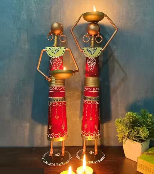 Metal Wrought Iron Tribal Lady showpieces Ladies Doll Figurine Statue Decorative Items | Show Pieces for Home Decor Stylish Living Room Tea Light Stand Golden