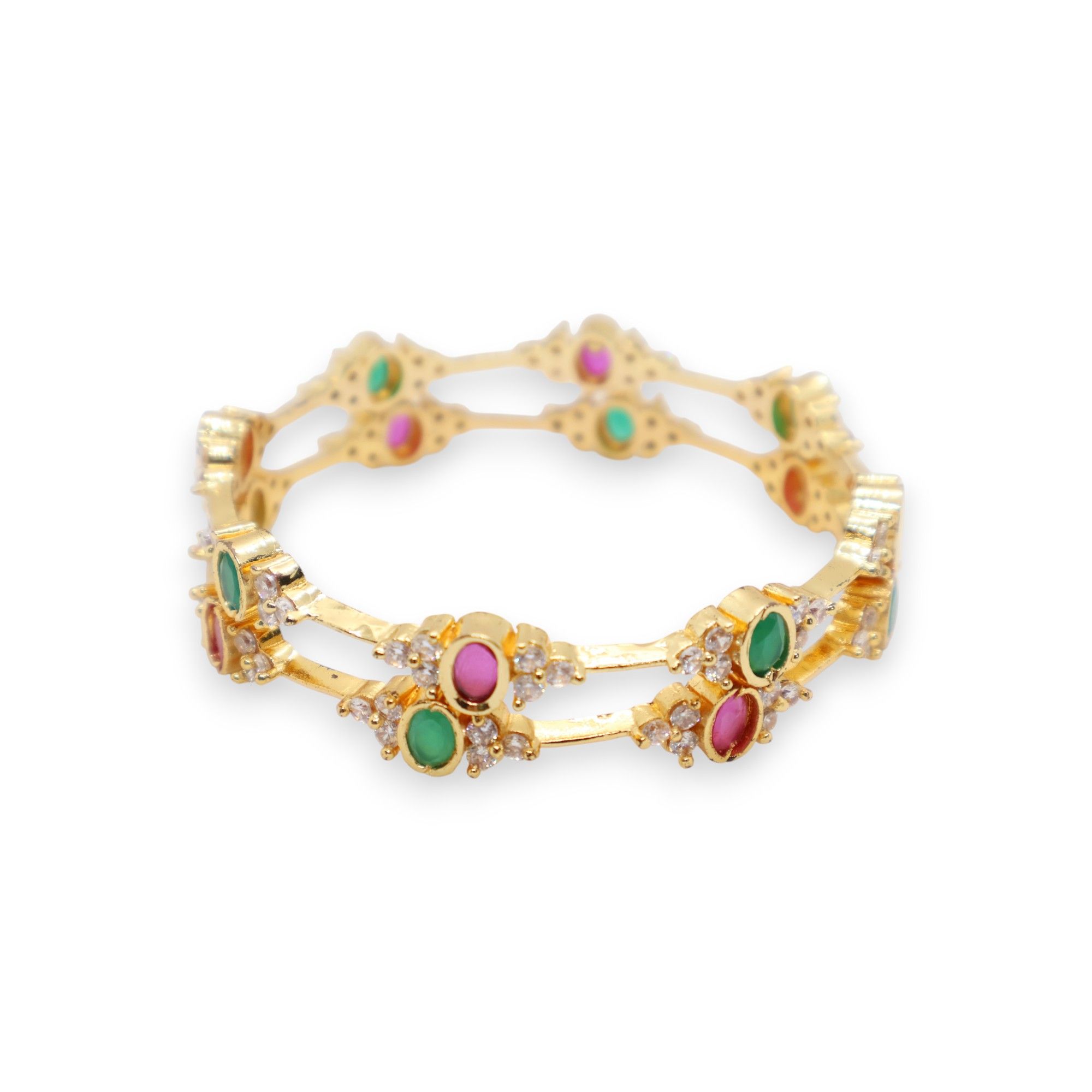 Gold-Plated Ruby & Emerald Floral Stone Bangle